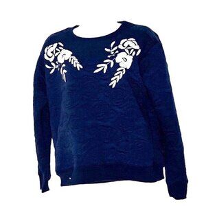 Urban Mood Navy Quilted Pullover Crewneck Top with Embroidered Flowers Sz XXS